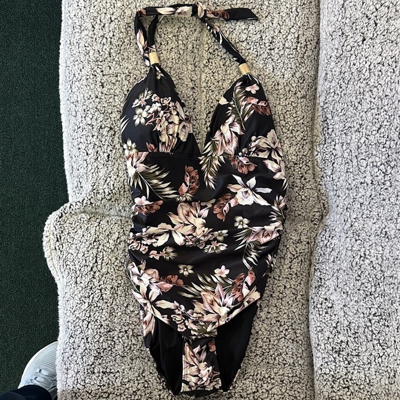 Other - Floral Halter One-Piece Swimsuit - Black with Pink & Cream Blooms size XL